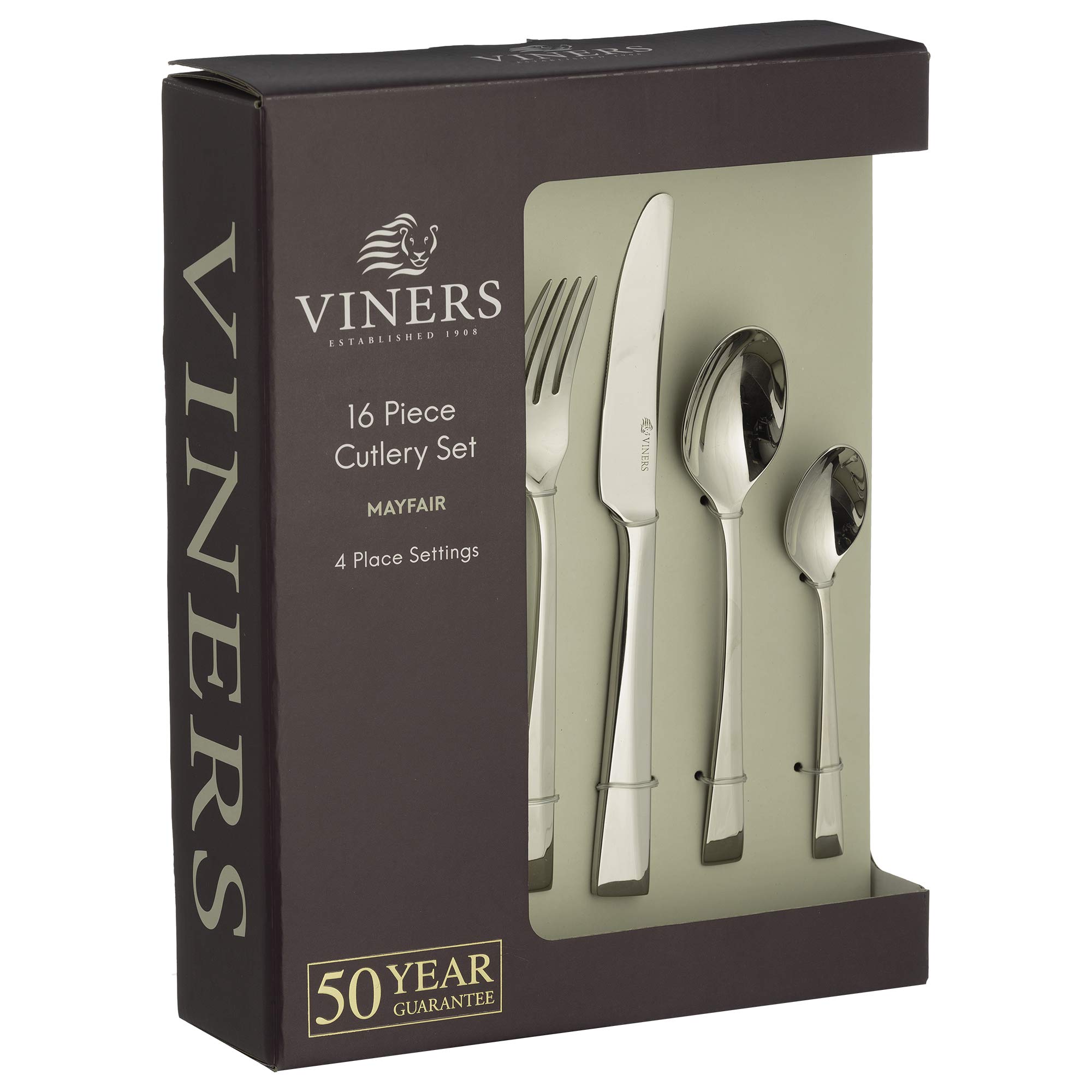 Viners Mayfair Cutlery Set - Elegant Mirror Polished Flatware Gift Box with 50 Year Guarantee - 18/10 Stainless Steel, 16-Piece