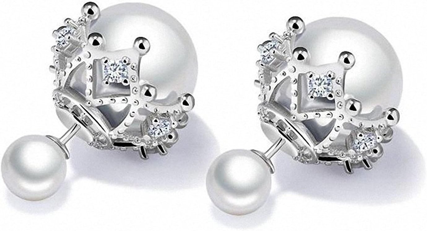Jwoolw Double Sided Front Back Peek A Boo Ball Faux Pearl Beads Womens Fashion Elegant Tribal Stud Earrings (Silver 1)