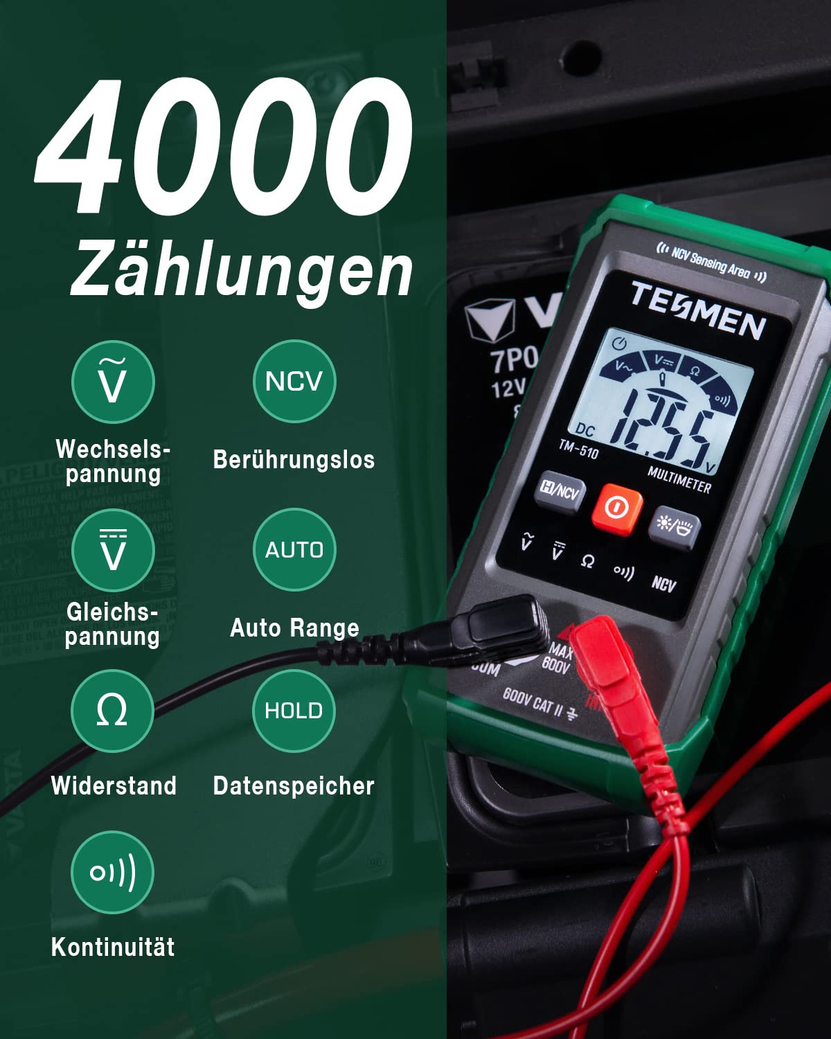 TESMEN TM-510 Digital Multimeter, 4000 Zähler Messgerät, Voltmeter mit Automatischem Messbereich, Intelligente Messung; Spannungsprüfer Misst AC/DC-Spannung, Widerstand, Durchgang – Grün 2