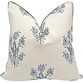 Jillien Harbor “The Mary” Blue and White Decorative Throw Pillow Cover – Floral Block Print Pillow Cover – Grandmillennial Home Decor, 19" x 19"