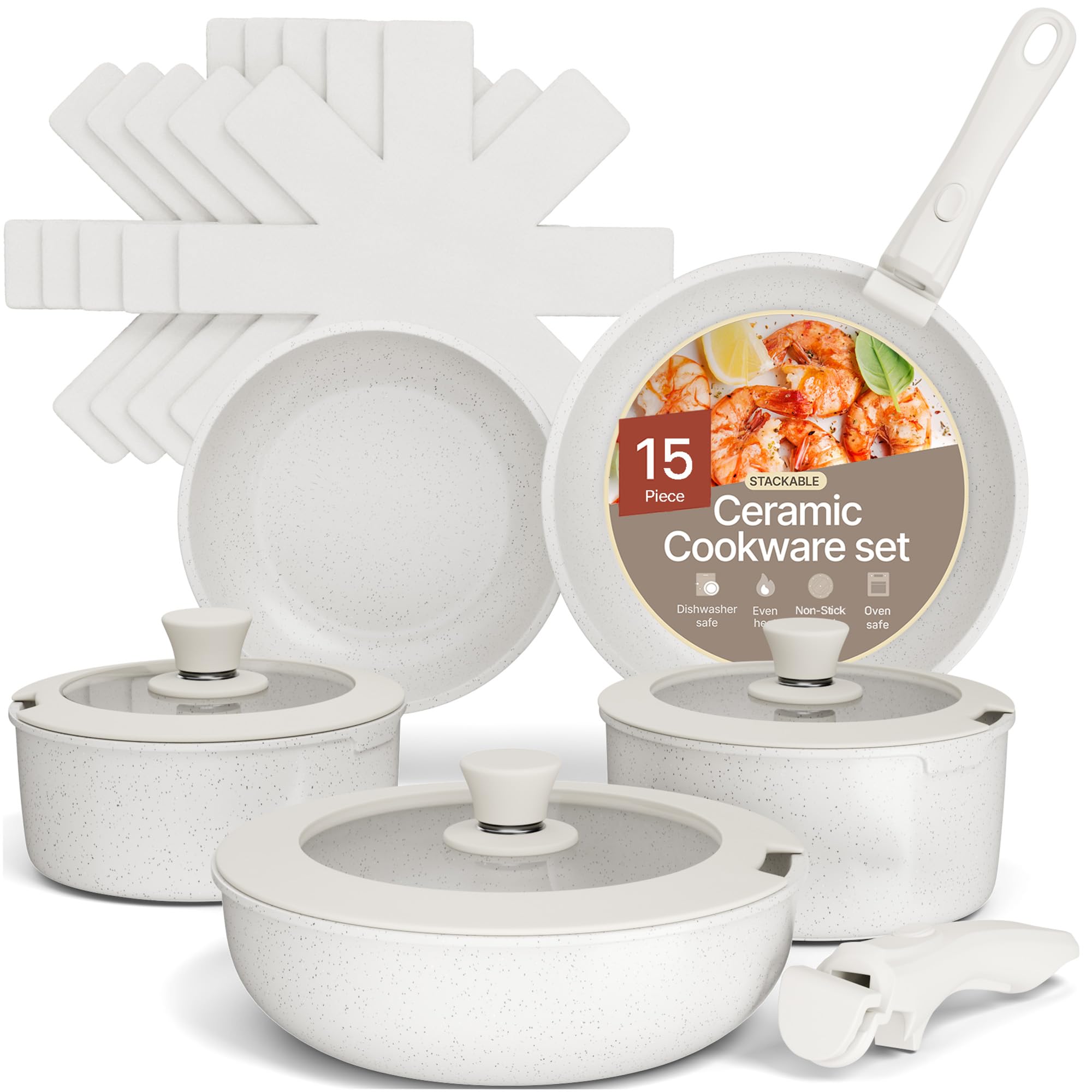 Bakken 15-Piece Non-Stick Cookware Set with Detachable Handles – Granite Stackable Pots and Pans Set, Dishwasher Safe, Oven-Safe, and Compatible Kitchen Essential for All Stoves – Cream Image