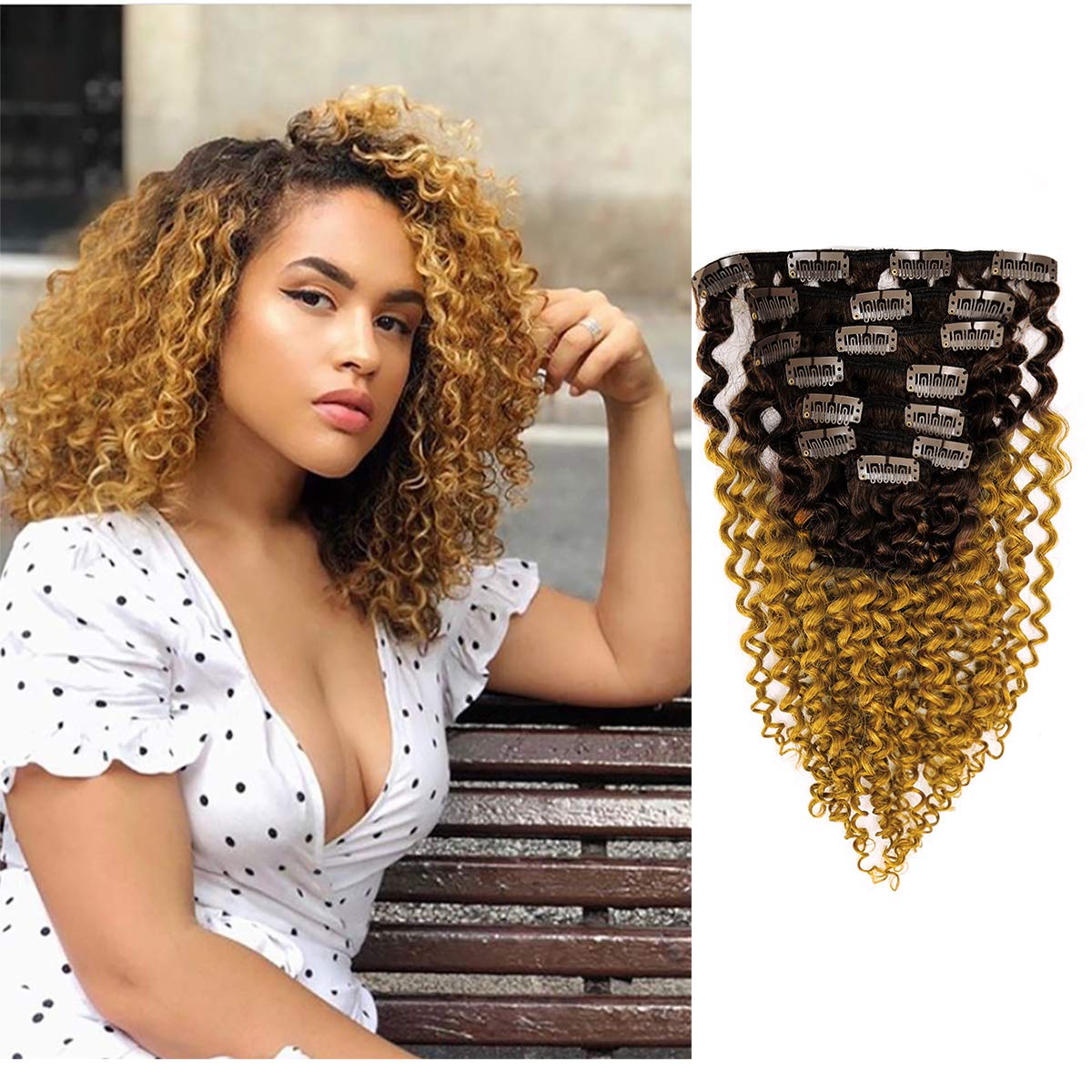 Clip in Human Hair Extensions Afro Jerry Curly 3B 3C Real Hair Clip in Extensions For Black Women Natural Black Color 100% Brazilian African American Hair Extensions (22 inch, Jerry Curly #1B/27)