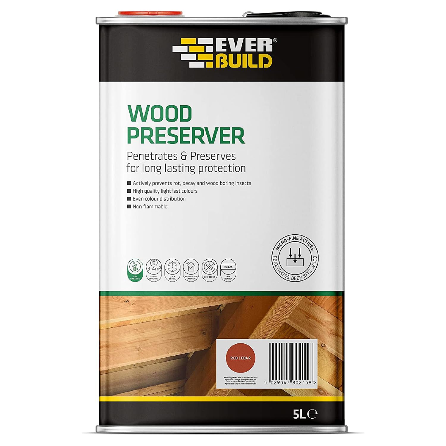 Everbuild Wood Preserver – Interior And Exterior Use – Low Odour – Quick Drying – Long Lasting Protection – Red Cedar – 5 Litres