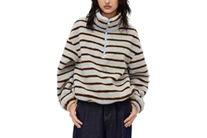 Women's Striped Fleece Jacket Color Block Half Zip Sherpa High Neck Pullover Trendy Oversized Warm Fuzzy Sweatshirt