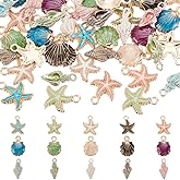 PH PandaHall 60pcs 15 Styles Starfish Charms Enamel Shell Pendants Metal Spiral Shell Charms Ocean Seashell Dangle Charms Beads for Beach Summer Hawaii Earring Necklace Bracelet Jewelry Making