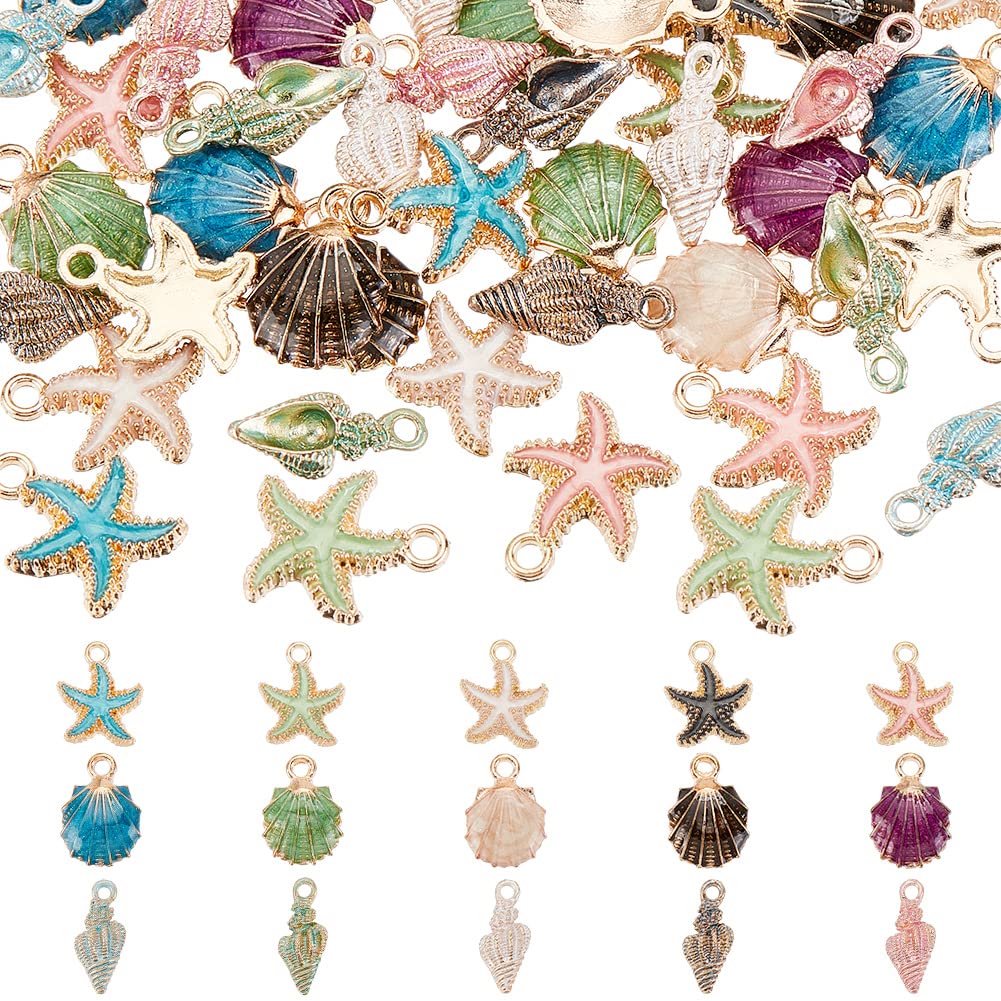 PH PandaHall 15 Styles Starfish Shell Charms 60pcs Sea Shell Pendants Metal Spiral Shells Charm Ocean Dangle Charm for Christmas Jewellery Making Beach Summer Earring Necklace Bracelet