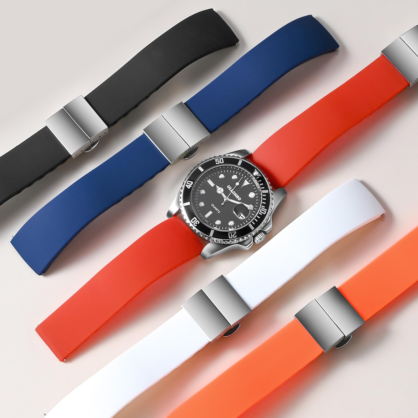 ULLCHRO Silicone Watch Strap Replacement Rubber Watch Band Waterproof - 14mm, 16mm, 18mm, 20mm, 22mm, 24mm Watch Bracelet with Stainless Steel Deployment Buckle