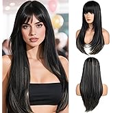 YUCCAHA Wig with Bangs Long Straight Wig for Women, Layered Heat Resistant Synthetic Wigs for Daily and Party Use(Black Blonde Highlights, 26 Inch)