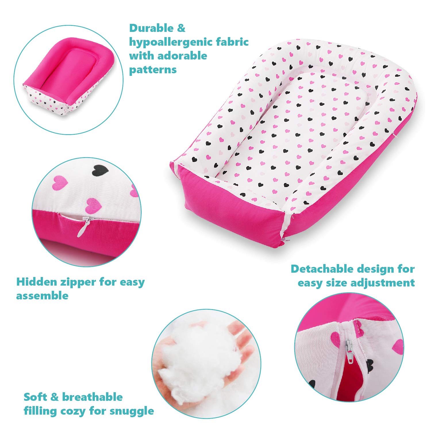 Premium Baby Lounger - Durable Cotton Blend Co Sleeper - Soft Portable Baby Nest Sleeper - Perfect for Co Sleeping and Travelling, Pink Hearts: Kitchen & Dining