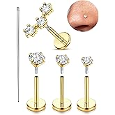 JeryWe 16/18G Nose Rings Stud for Women Men - 14K Gold Plated Internal Thread Flat Back Earrings Surgical Steel Hypoallergenic Tragus Helix Conch Piercing Jewelry Labret Lip Nose Ring