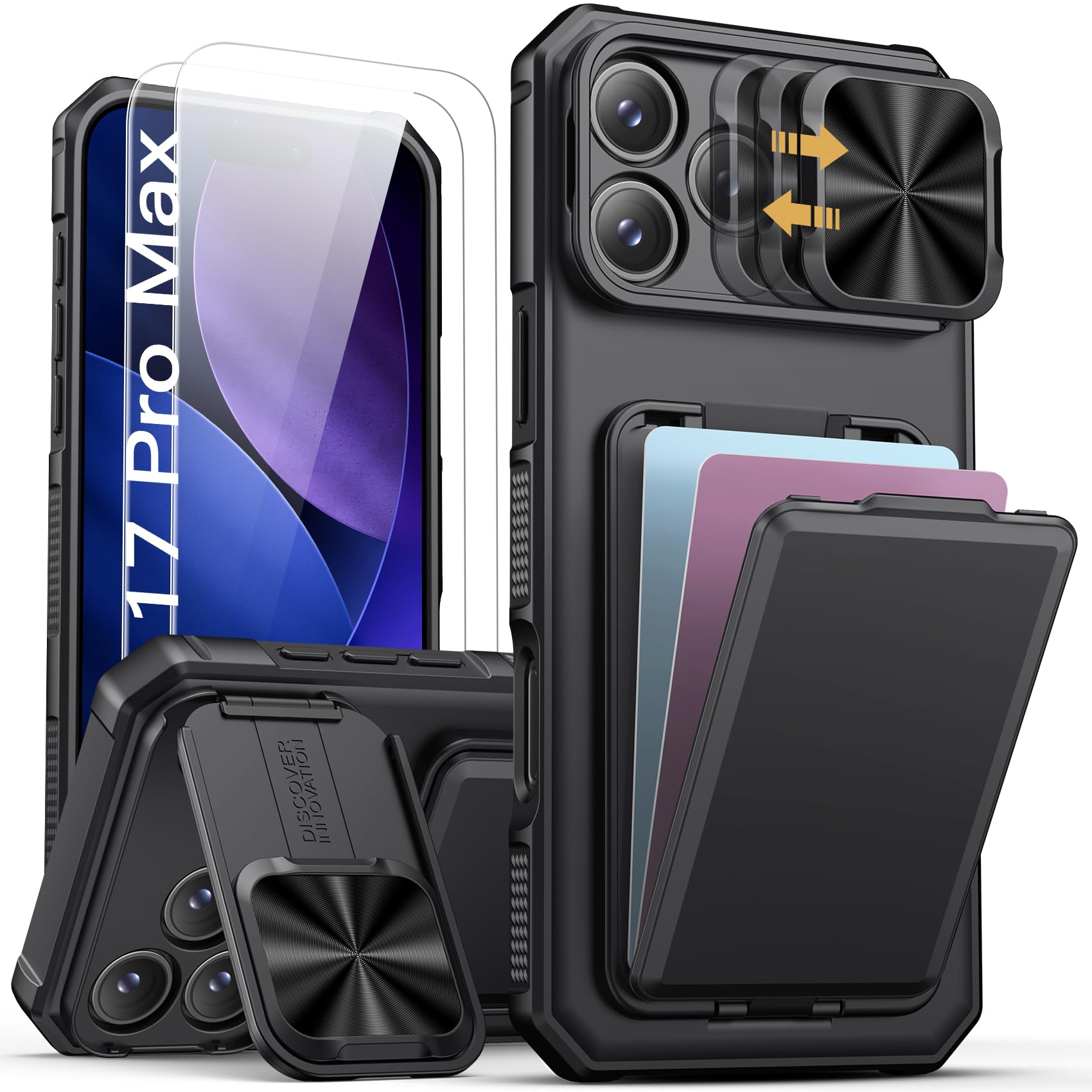 Photo 1 of SSLOTSCASE for iPhone 17 Pro Max Case with 2X Screen Protector, Credit Card Holder & Kickstand & Slide Camera Lens Cover, Silicone Edge Rugged Heavy Duty Phone Case Cover for iPhone 17 Pro Max, Black