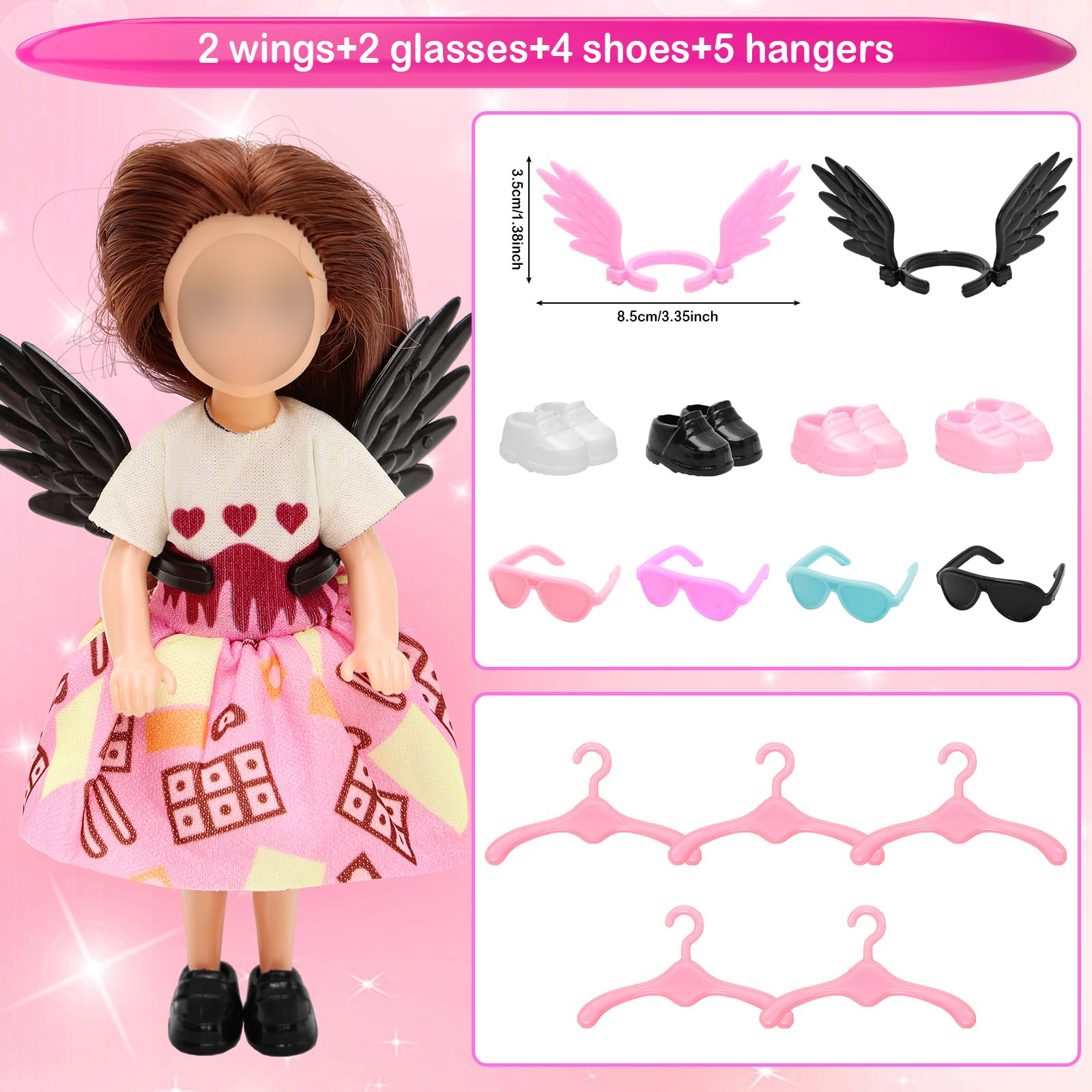 Miunana 25 PCS 5.3 Inch Girl Doll Clothes Dress Outfits and Shoes with 4 Pairs of Shoes for 4-6 Inch Girl Dolls Clothes and Accessories Doll Top and Pants Wings