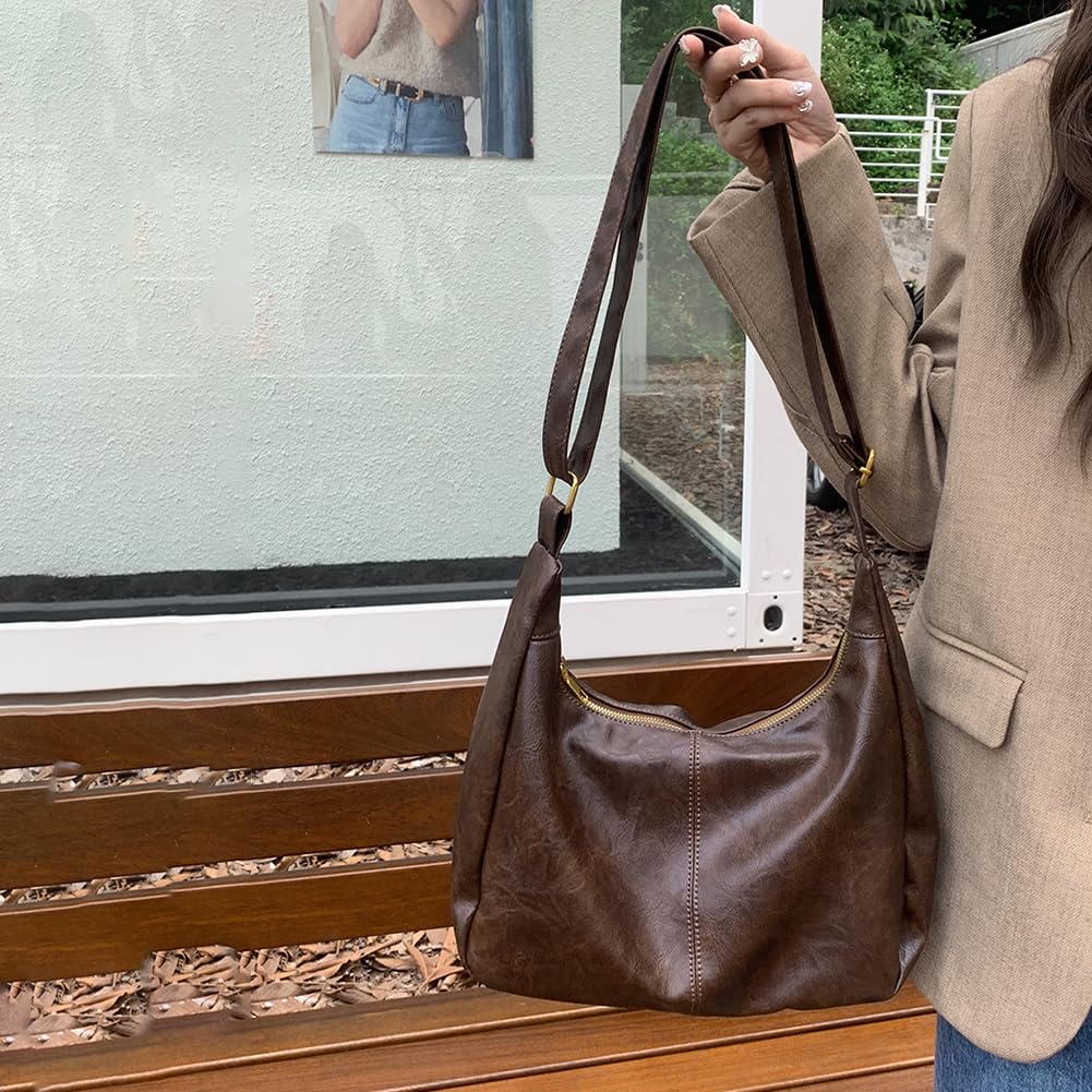 Slouchy Hobo Bags for Women,Brown Leather Shoulder Bag Everyday Purse Daily Commuting Bag Fall Handbags 2025