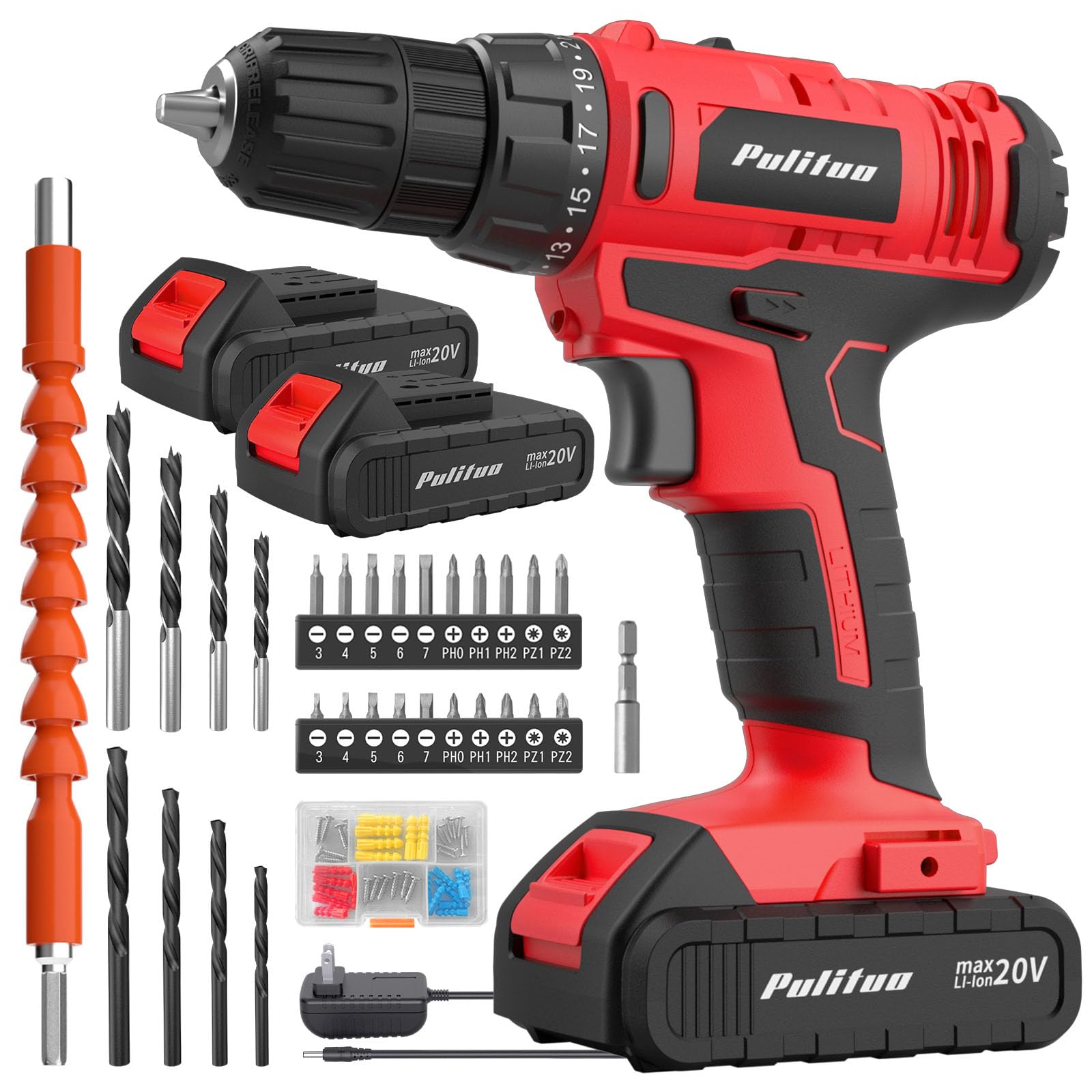 Photo 1 of PULITUO 20V Cordless Drill/Driver, 2 Batteries Electric Screwdriver, 30Nm Power Drill Driver, 21+1 Torque, 2 Speed, 3/8"Keyless Chuck, power Drill with LED Light, Drill Driver Kit for Home (Red)