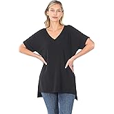 Zenana Rolled Sleeve Side Slit HI-Low Hem TOP Black S