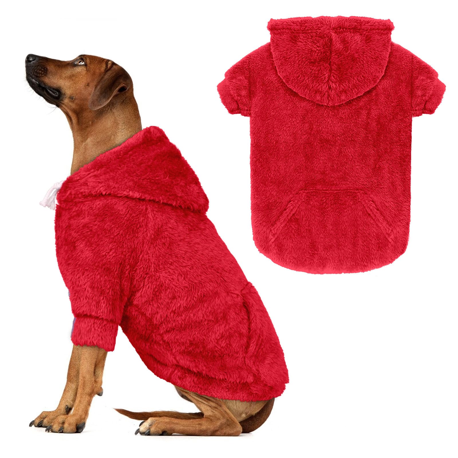 Photo 1 of 3XL Dog Sweaters for Large Dogs,Dog Hoodie,Warm Fuzzy Fleece Sweatshirt with Hood & Pocket,Leash Hole,Cozy Cold Weather Pet Clothes Sweater Hoodie for Large Dogs(Red,3XL)