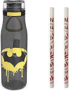 Zak Designs DC Batman, Super Heroes Plastic Water Bottle with Push Button Action, Locking Lid, and Portable Carry Loop, Includes 2 Reusable Straws (25oz, BPA-Free)
