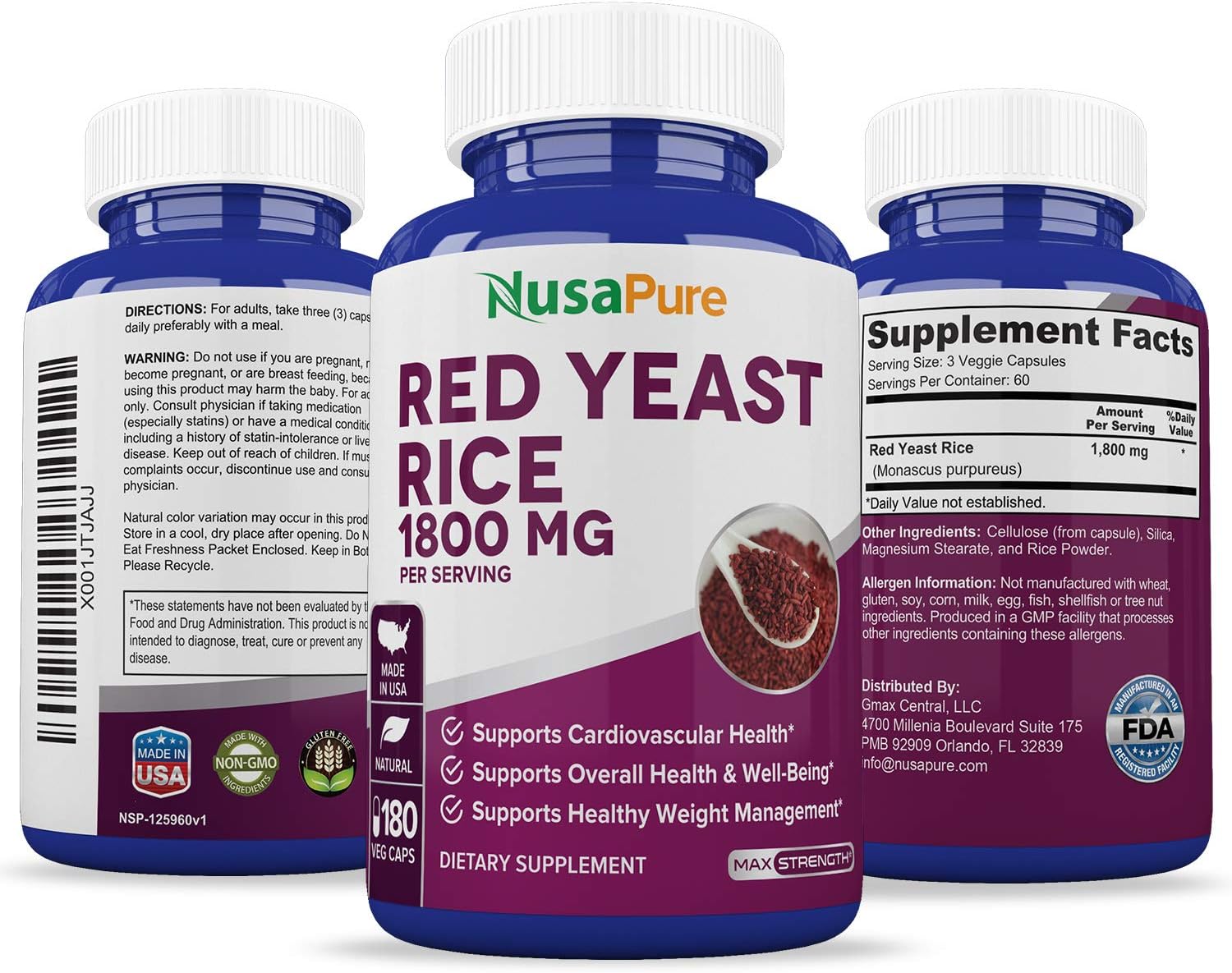 Red Yeast Rice 1800mg 180 Veggie Capsules (NonGMO, Gluten Free
