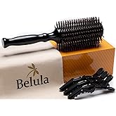 Belula Boar Bristle Round Brush for Blow Drying Set. Round Hair Brush With Large 2.7” Wooden Barrel. Hairbrush Ideal to Add Volume and Body. Free 3 x Hair Clips & Travel Bag.