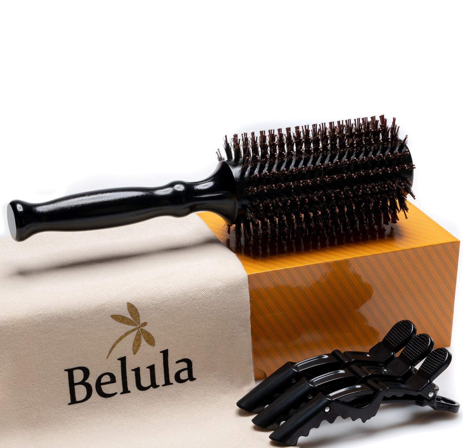 Belula Boar Bristle Round Brush for Blow Drying Set. Round Hair Brush With Large 2.7” Wooden Barrel. Hairbrush Ideal to Add Volume and Body. Free 3 x Hair Clips & Travel Bag.