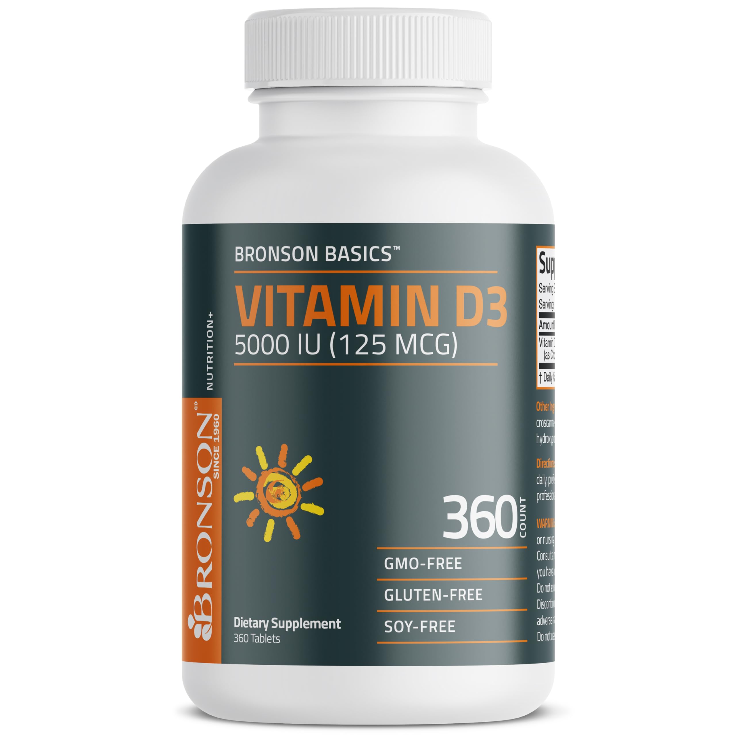 Bronson Vitamin D3 5000iu (125mcg) 1 Year Supply for Healthy Muscle Function and Immune Support, Non-GMO, 360 Tablets