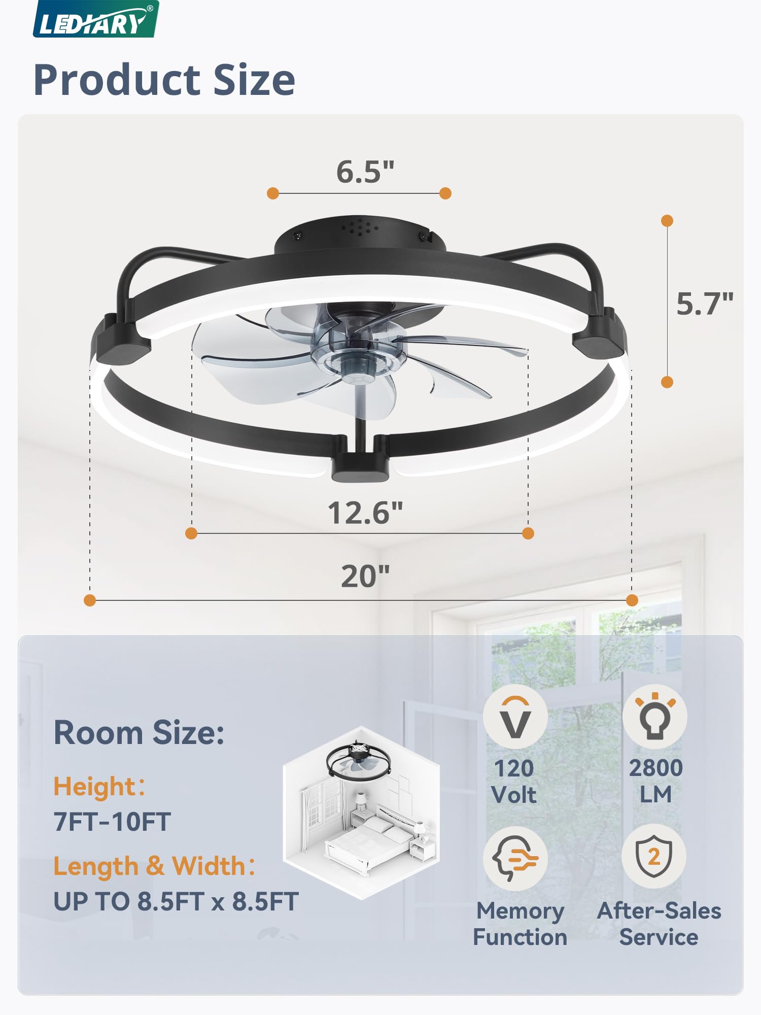 LEDIARY Ceiling Fans with Lights and Remote, 20'' Low Profile Ceiling Fan with Light, 3000-6000K Dimmable Fandelier LED Fan Light, 6 Wind Speeds, Black Modern Flush Mount Ceiling Fan for Bedroom