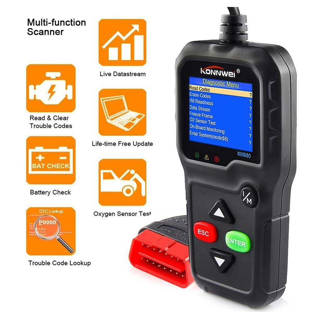 OBDII Automotive Code Reader KONNWEI KW680 OBD2 Car Diagnostic Scanner Full OBD2/EOBD Functions Car Scan Tool Vehicle Engine Fault Scanners With Extra BAT Check, O2 Sensor, On-board Monitoring Test