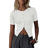 Kistore Womens Casual Summer Short Sleeve Sweater Cardigan Button Down Crew Neck Knitted Crop Cardigan Tops