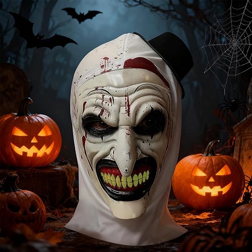 WVWMYM Terrifier Mask, Halloween Mask, Art The Clown Masks, Scary Clown Joker Masks with Mini Top Hat, Terrifier Costume Accessory Cosplay Scary Props for Adults (White)