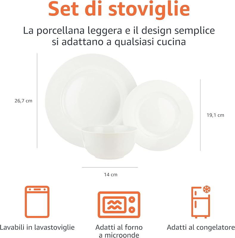 Servizio di Piatti per 6 persone, 18 pezzi, Bianco