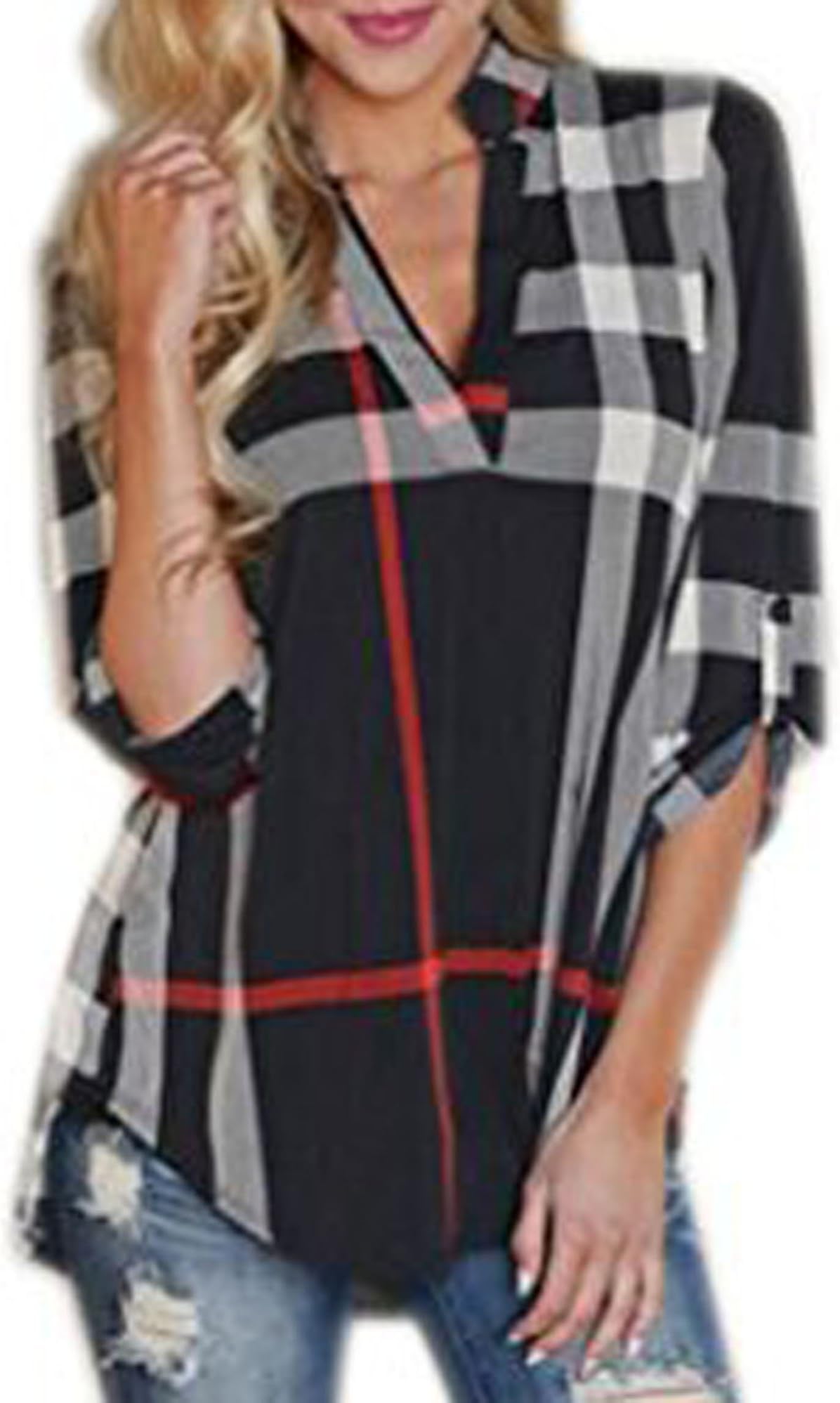 Elevesee Women's Casual 2/3 Sleeve V-Neck Plaid Shirts Pullover Top