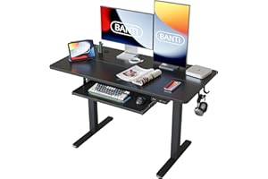 BANTI 48" x 24" Height Adjustable Electric Standing Desk with Keyboard Tray, Sit Stand up Desk with Splice Board, Black Frame/Black Top