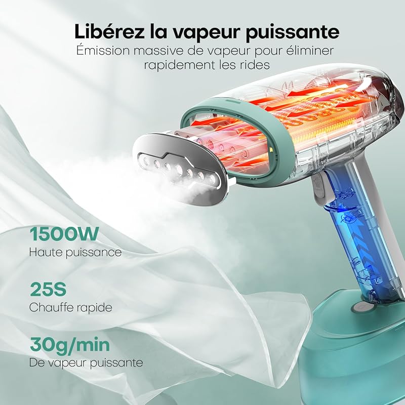 Defroisseur Vetement 1500W, 365ml Réservoir Élimine Pliures Portable