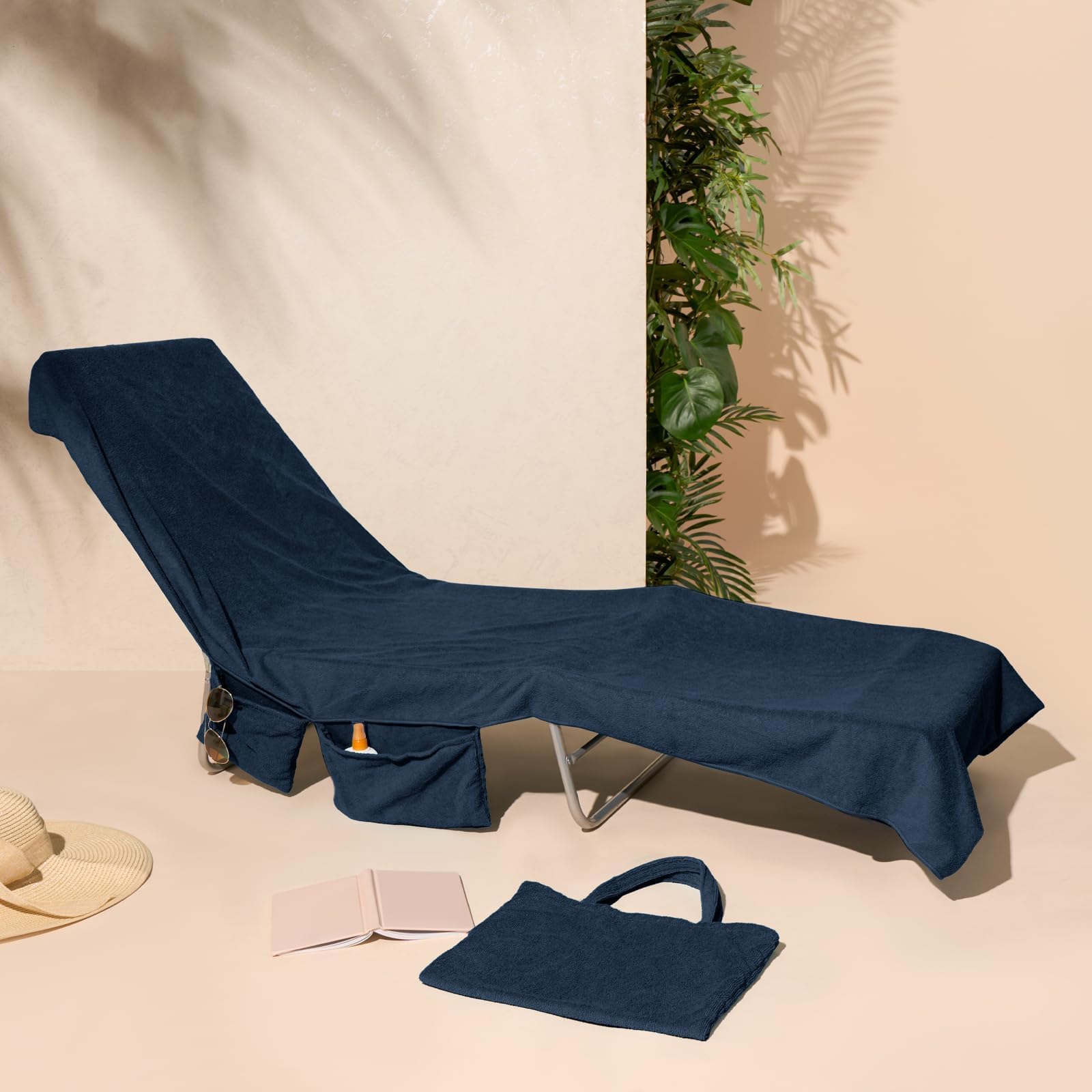 Brentfords Sun Lounger Towels with Pockets, Large Beach Towels for Adults Sun Lounger Holiday Accessories Swimming Pool Quick Dry Travel Sunbed Towel Summer Holiday Essentials, Navy Blue 215x75cm