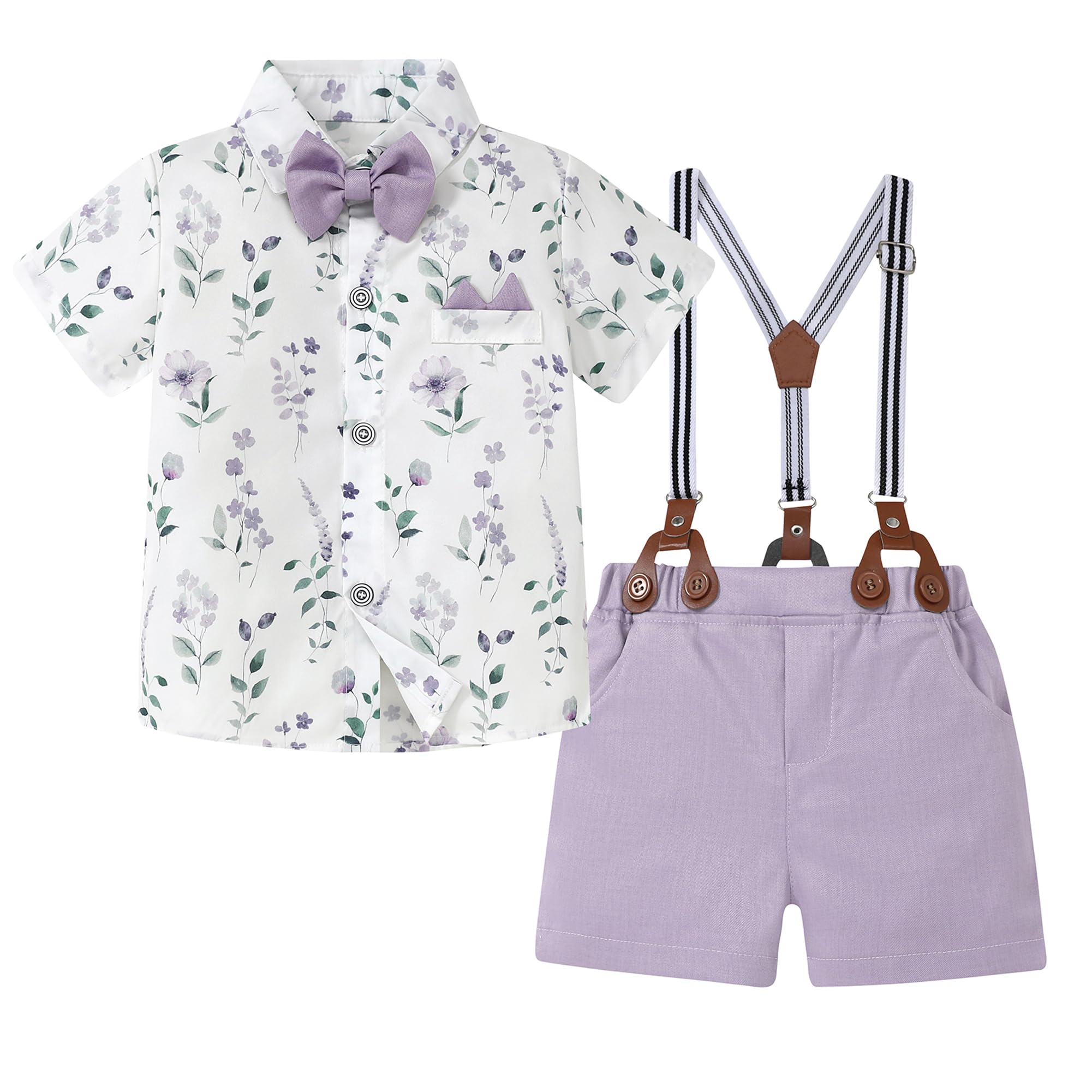Photo 1 of YUEMION Baby Boy Clothes Suits, Toddler Summer Formal Short Shirt+ Bowtie+ Suspender Shorts Gentleman Wedding Outfit(Purple + flowers, 4-5T)