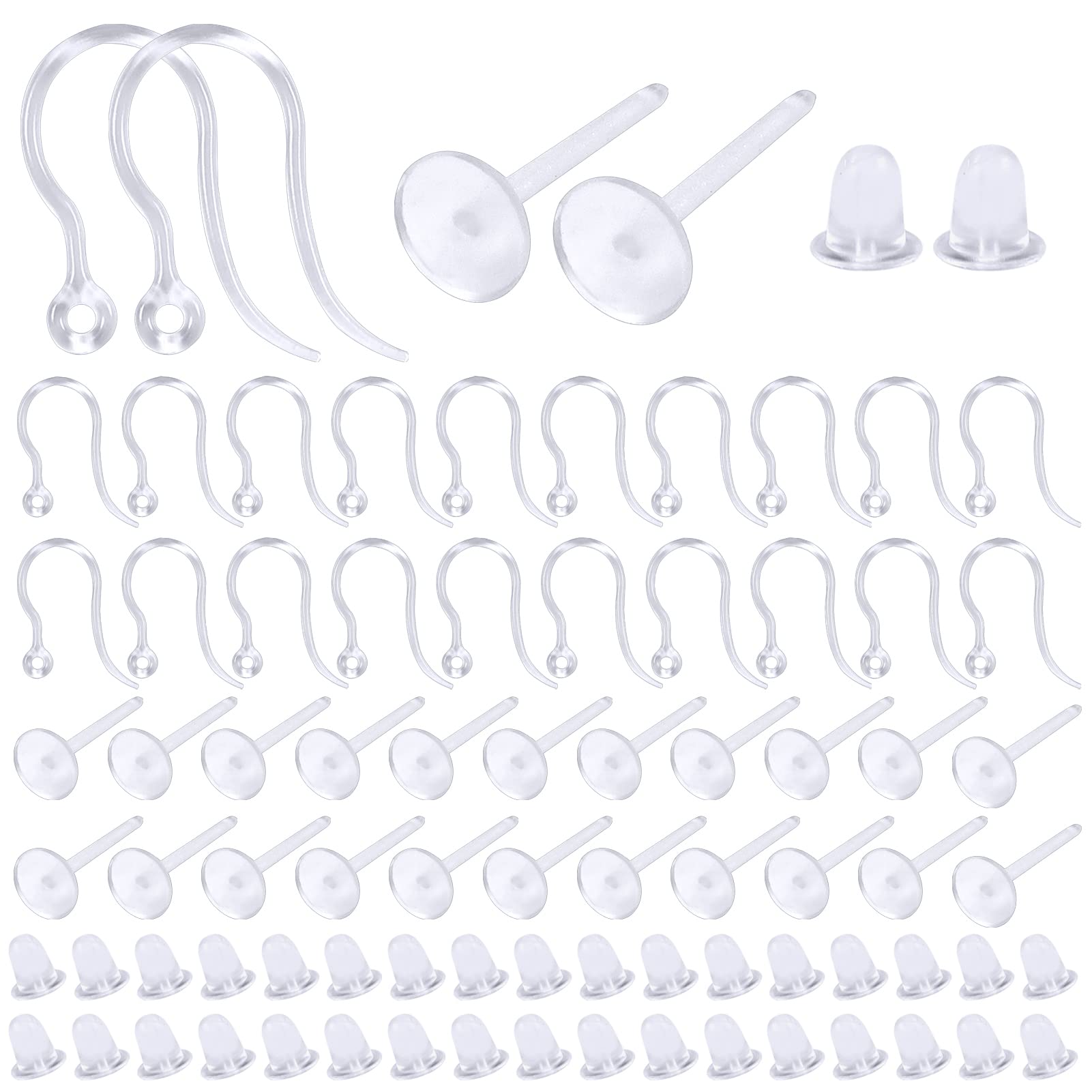 TOAOB 400 Pieces Clear Resin Earring Hooks Large Base Earrings Plastic Hypoallergenic and 4 mm White Earring Retainers for DIY Earring Making