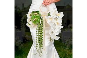 Wedding Bouquets for Bride Bridesmaid - White Artificial Calla Lily/Lily/Orchid Flowers with Pearl Handle & Ribbon, 18.9'' Ha