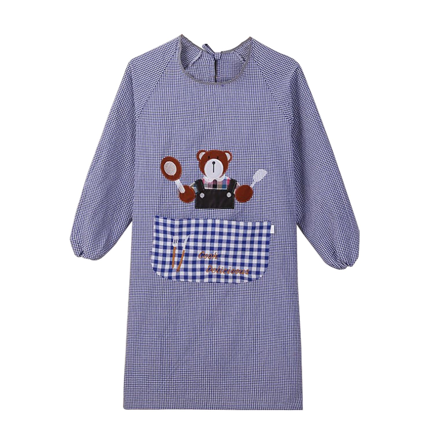 Gieyhm Long Sleeve Striped Plaid Apron with Pockets Waterproof Kitchen Apron Cooking and Baking (Blue2)