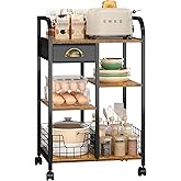 keomaisyto Microwave Cart with Storage, Kitchen Island Cart with Table Top & Drawer, 3 Tier Rolling Utility Cart with Adjustable 2 Storage Shelves, Coffee Bar Shelf for Kitchen/Dining/Living Room