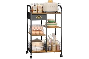 keomaisyto Microwave Cart with Storage, Kitchen Island Cart with Table Top & Drawer, 3 Tier Rolling Utility Cart with Adjustable 2 Storage Shelves, Coffee Bar Shelf for Kitchen/Dining/Living Room