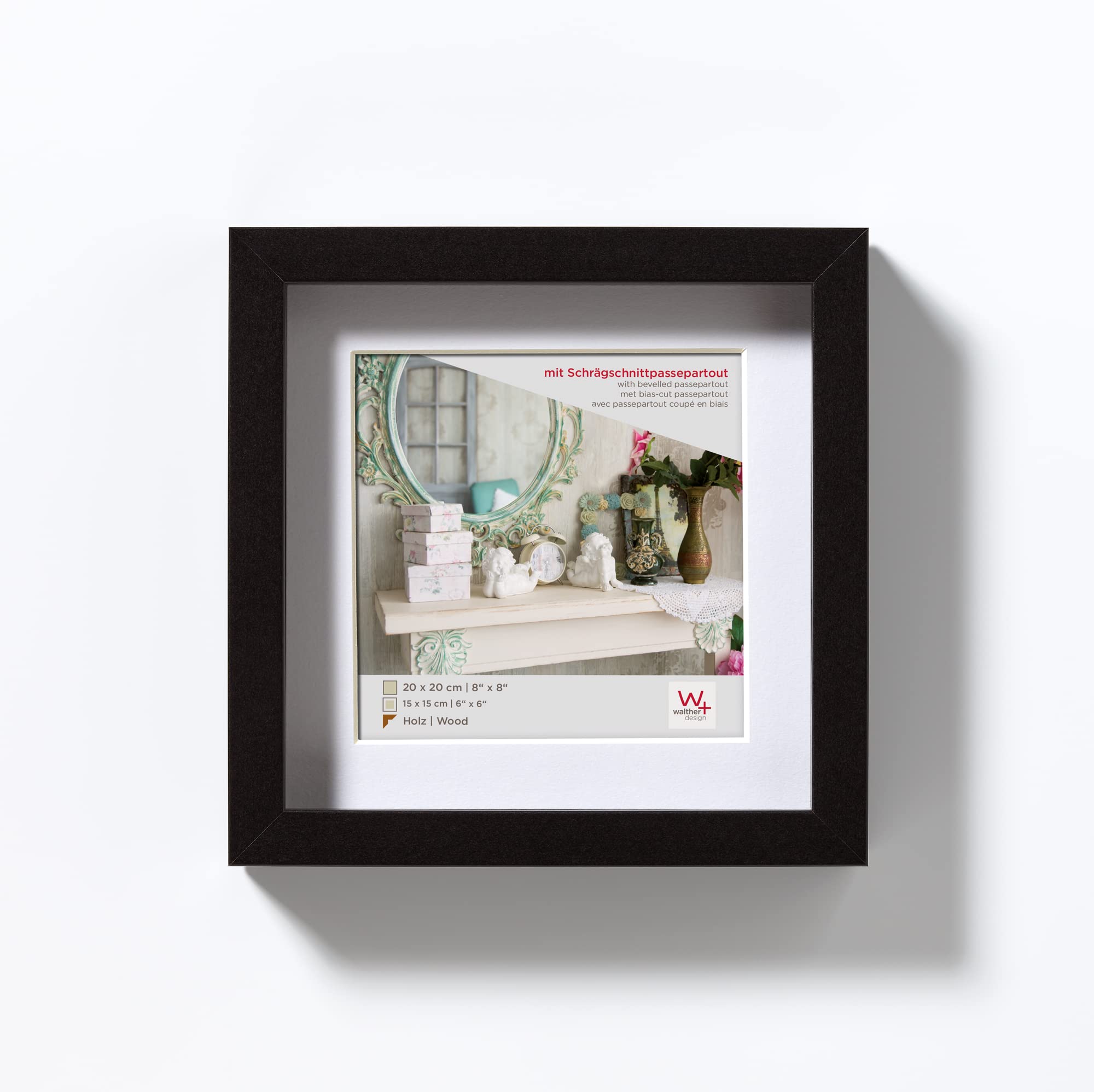 walther design Photo Frame Black 20 x 20 cm with PassepArtout, Stockholm Wooden Frame EA222B