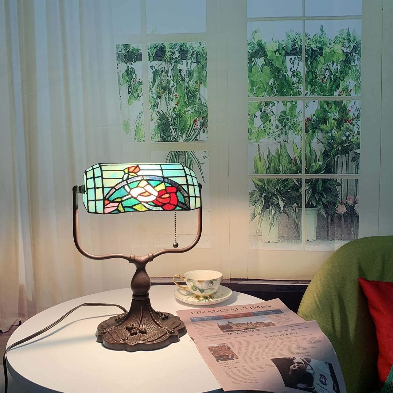 Bieye L30760 Rose Flower Tiffany Style Stained Glass Bankers Desk Lamp Table Lamp for Working Office Living Room Bedside Home Decoration - Image 5