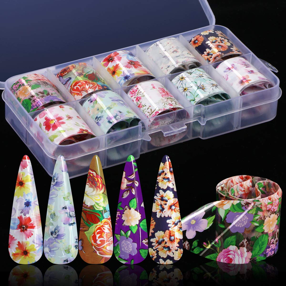 30 Color Nail Foil Transfer Sticker, Kissbuty Flower Nail Art Stickers Tips Wraps Foil Transfer Adhesive Glitters Acrylic DIY Nail Decoration, 3 Boxes (Flowers Starry Sky): Beauty