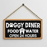 Doggy Diner Wall Sign, Dog Food & Water Station Sign, Rustic Black and White Wooden Hanging Plaque for Kitchen or Feeding Area, “Open 24 Hours” Dog House Wall Decor with Rope – A01