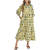 Floral Midi Dress for Women 3/4 Sleeve Cotton Button Up Collared Shirt Dress Flowy Ruffle Hem Spring Sundress with Pockets