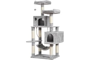 Hey-brother Large Multi-Level Cat Tree Condo Furniture with Sisal-Covered Scratching Posts, 2 Bigger Plush Condos, Perch Hammock for Kittens, Cats and Pets Light Gray MPJ020W