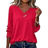 LOMON Blouses for Women Dressy Casual 3/4 Length Sleeve Womens Tops with Buttons Decor