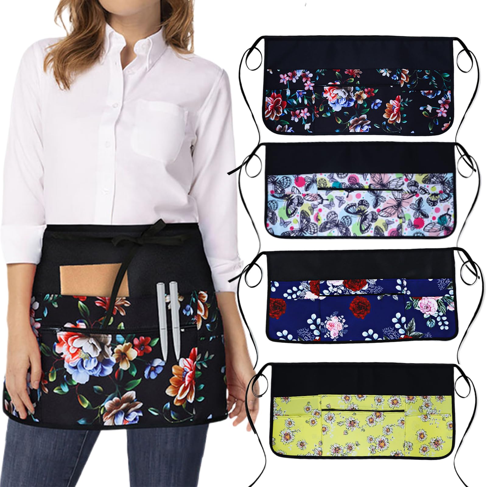 Oaygat Waist Waiter Waitress Half Apron 23 * 11 In Adjustable Pinny Florist Gardening and Cooking Apron Waterproof Tabard for Women With Pockets Universal Kitchen Work Baking Tabard With Long Strap