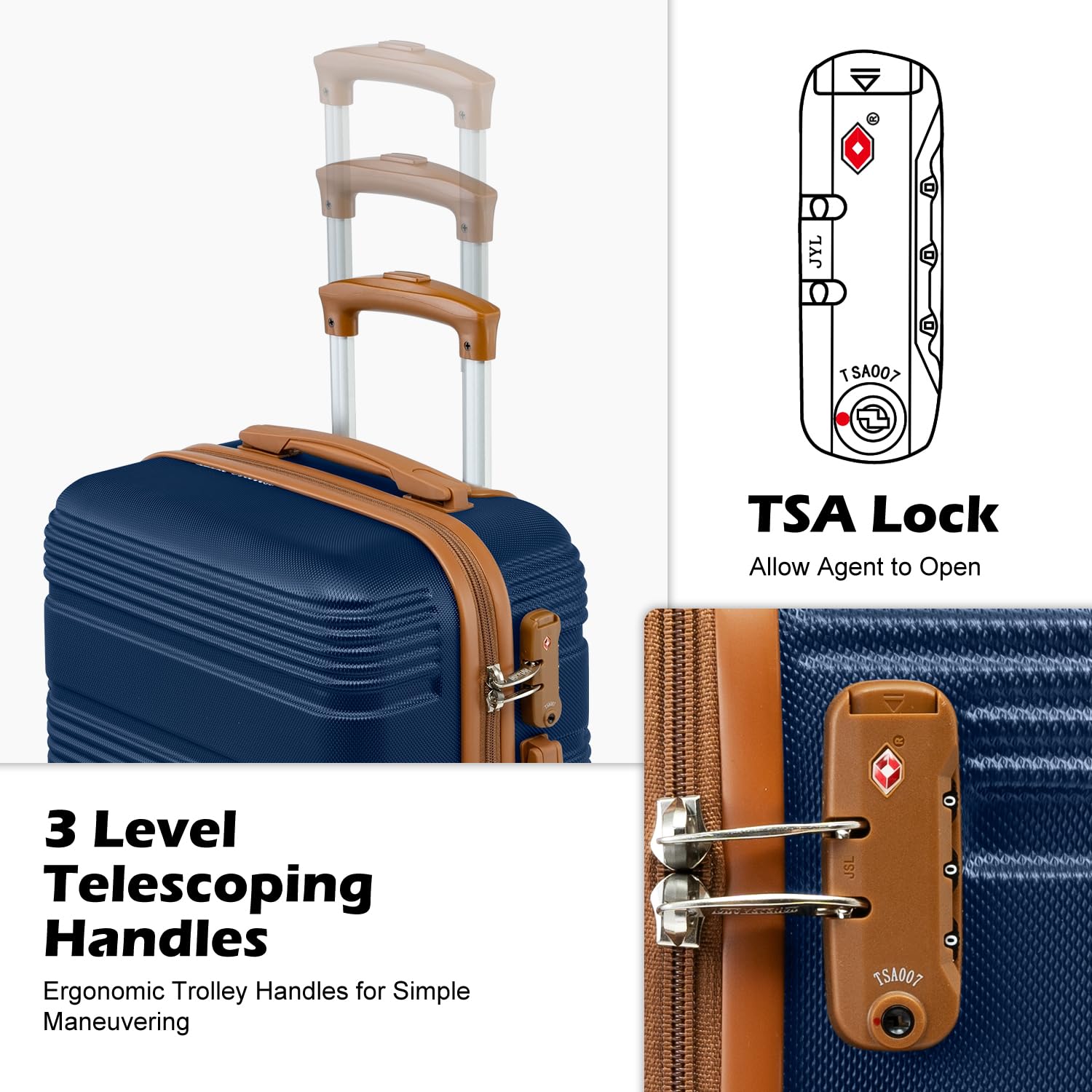 LONG VACATION Luggage Set Lightweight Carry on Suitcase ABS Hardshell Luggage TSA Lock Spinner Wheels(6 piece set, NAVY)