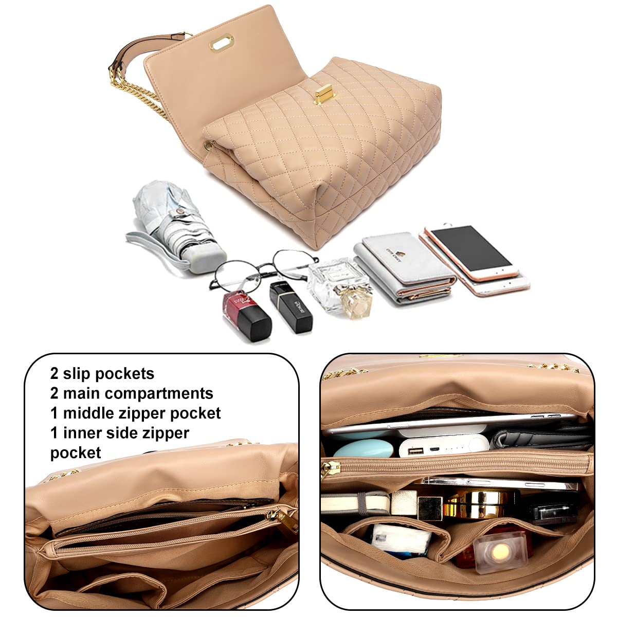 ER.Roulour Quilted Crossbody Bag For Women - PU Leather Triple Gusset Purse With Chain Strap - View #4